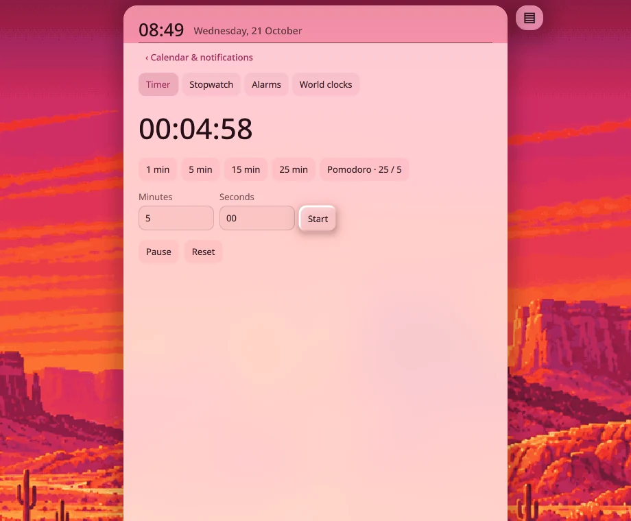 A five-minute timer running in the clock shade, with quick presets and Pomodoro