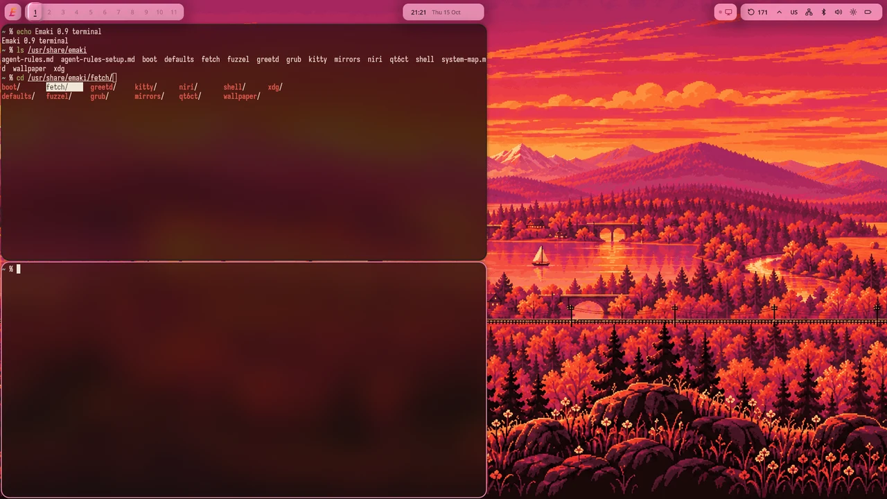 Two terminals stacked in one column; the desktop continues to the right