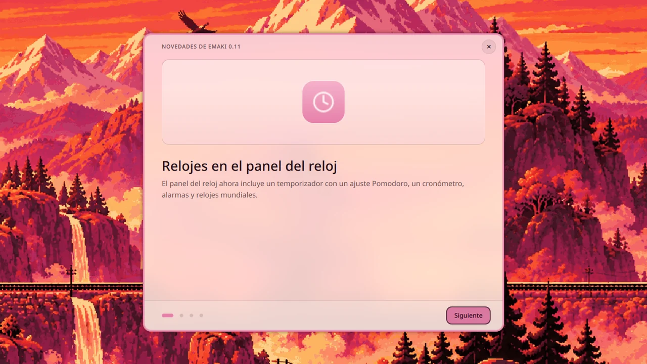 The What's new window after an update, in Spanish: clocks in the clock shade